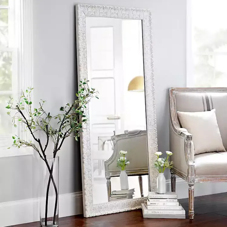 Full Length & Floor Mirrors-Kirklands Home Ornate Distressed Cream Leaner Mirror
