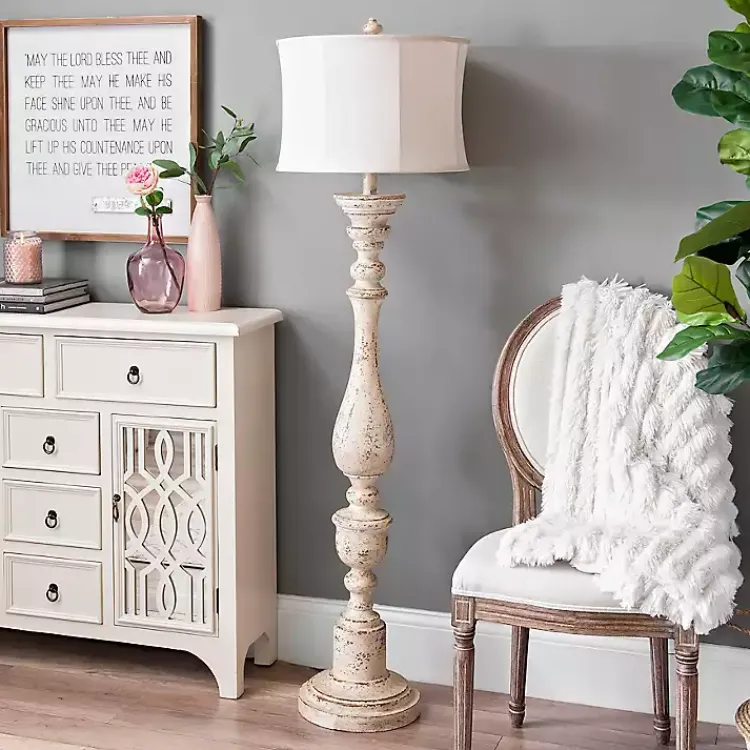 Floor Lamps-Kirklands Home Distressed Cream Spindle Floor Lamp Ivory