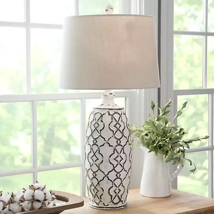Table Lamps-Kirklands Home Distressed Cream Lilly Table Lamp Tan