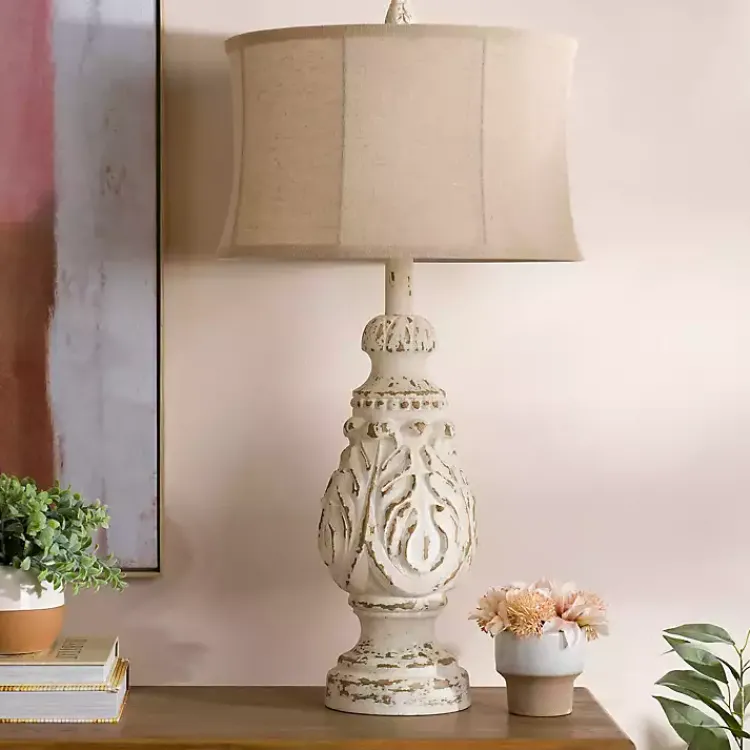 Table Lamps-Kirklands Home Caroline Distressed Cream Table Lamp Tan