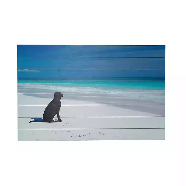 Wall Plaques-Kirklands Home Dog on Beach Slatted Wood Art Print Multi