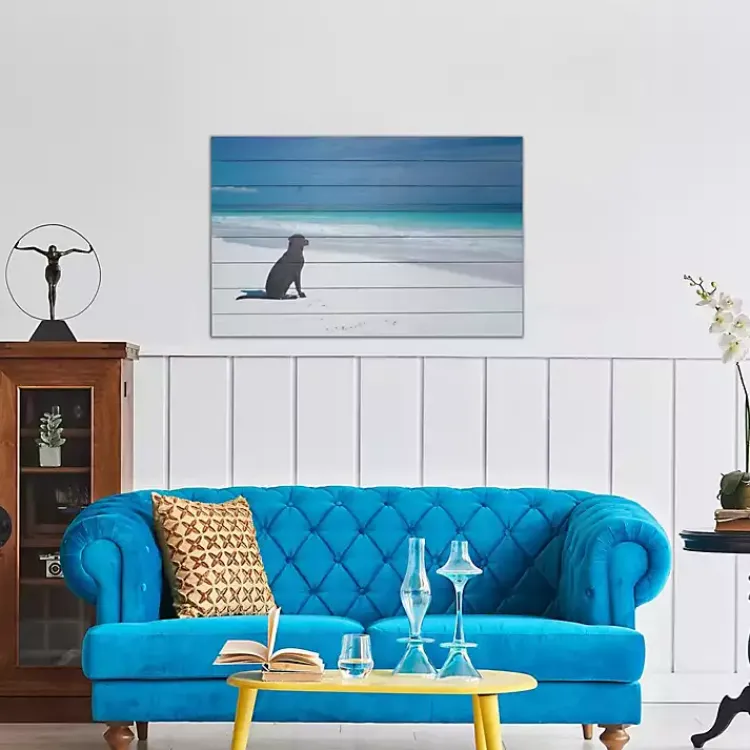 Wall Plaques-Kirklands Home Dog on Beach Slatted Wood Art Print Multi