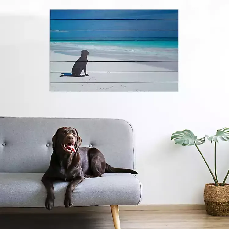Wall Plaques-Kirklands Home Dog on Beach Slatted Wood Art Print Multi