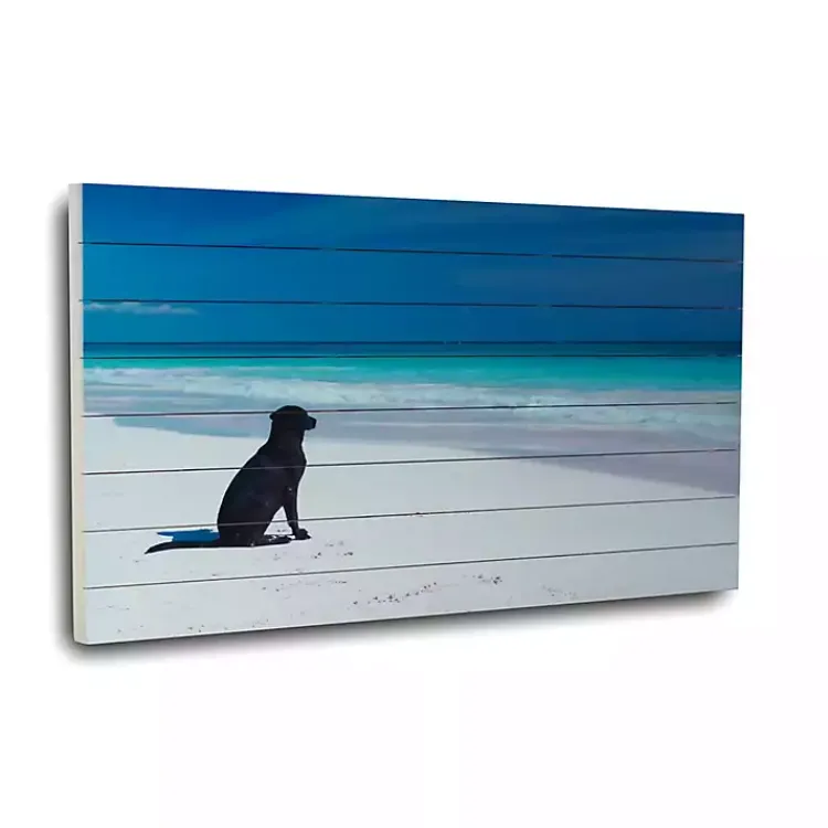 Wall Plaques-Kirklands Home Dog on Beach Slatted Wood Art Print Multi