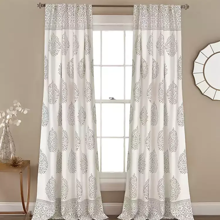 Curtains & Drapes-Kirklands Home Gray Teardrop Leaves Curtain Panel Set, 84 in.