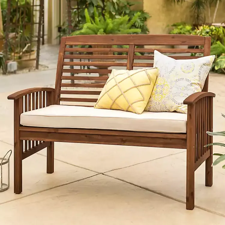 Outdoor Seating-Kirklands Home Dark Acacia Wood Loveseat Bench with Cushion Brown