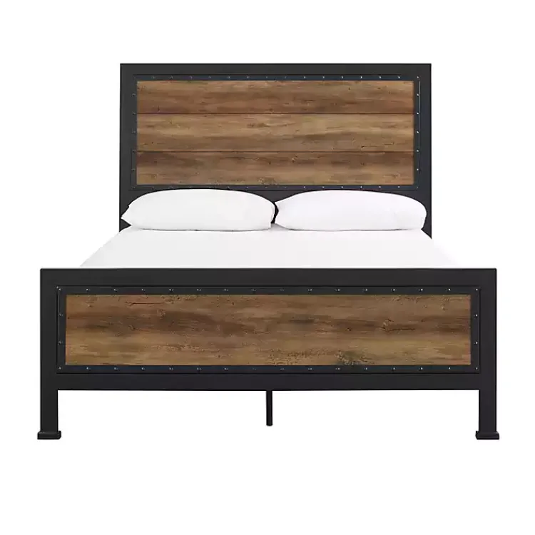 Beds & Headboards-Kirklands Home Industrial Rustic Oak Queen Bed with Metal Frame Brown