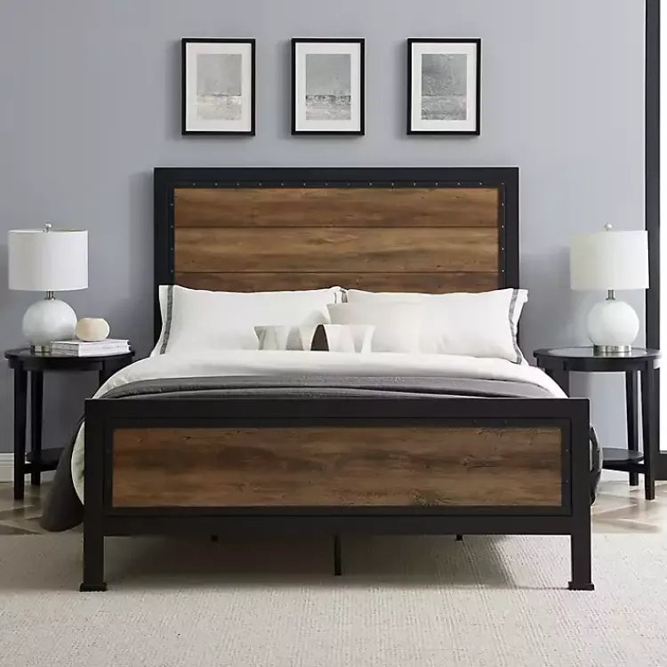 Beds & Headboards-Kirklands Home Industrial Rustic Oak Queen Bed with Metal Frame Brown