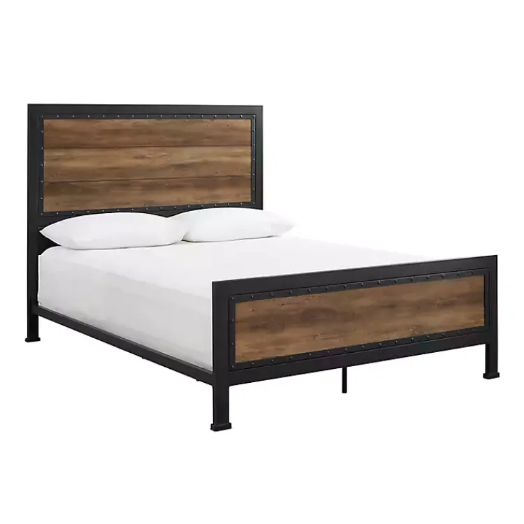 Beds & Headboards-Kirklands Home Industrial Rustic Oak Queen Bed with Metal Frame Brown