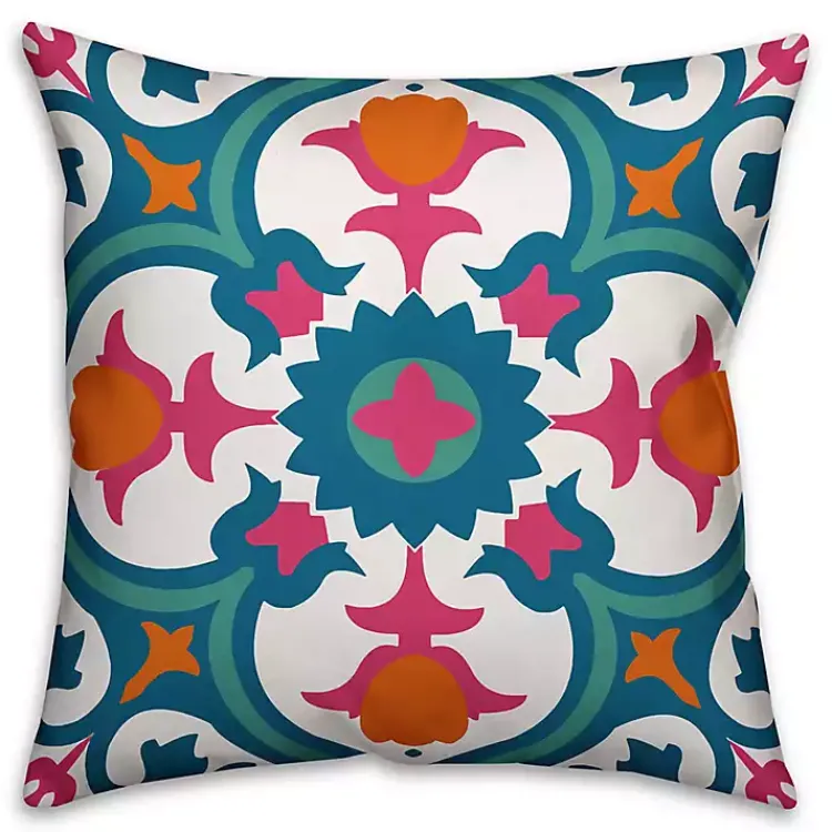 Outdoor Cushions & Pillows-Kirklands Home Blue and Pink Floral Tile Outdoor Pillow Multi