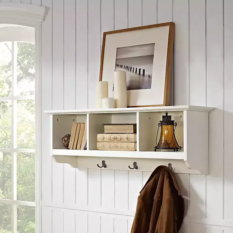 Wall Storage-Kirklands Home White Brenna Storage Shelf with Hooks