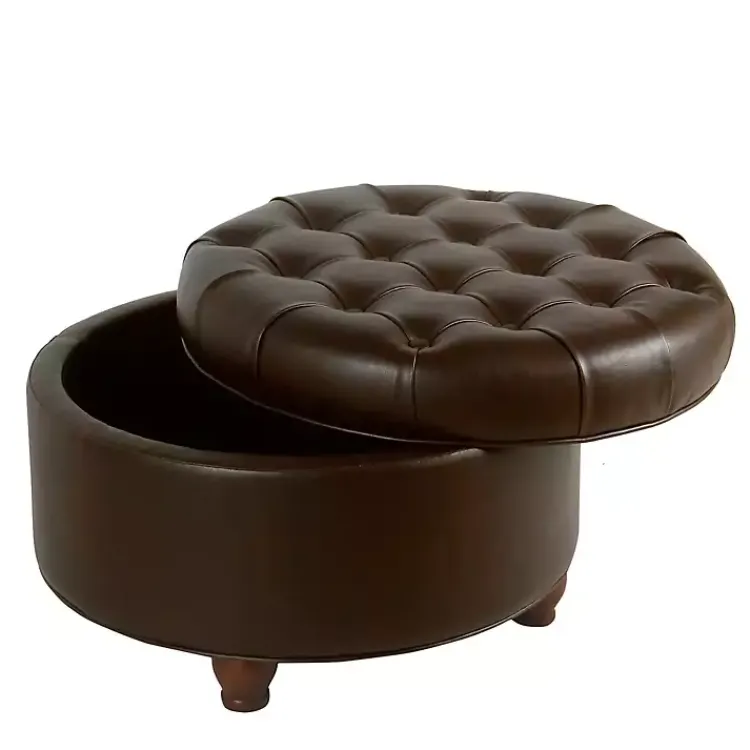 Benches & Ottomans-Kirklands Home Faux Leather Tufted Round Storage Ottoman Brown