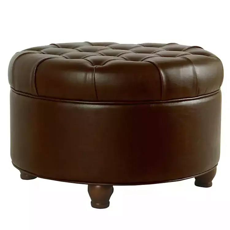 Benches & Ottomans-Kirklands Home Faux Leather Tufted Round Storage Ottoman Brown