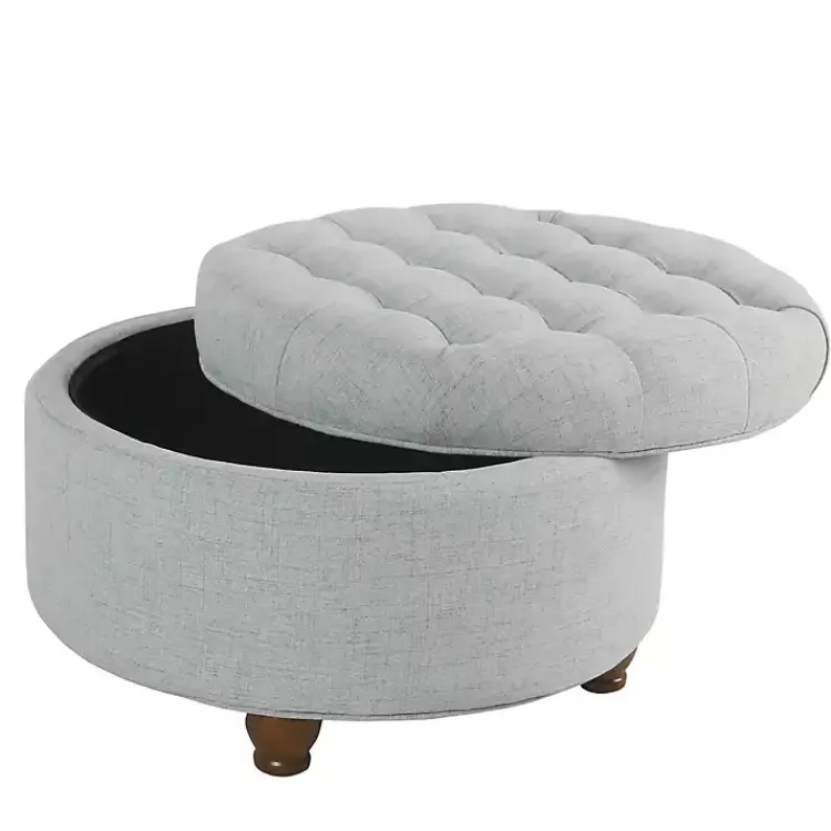 Benches & Ottomans-Kirklands Home Light Tufted Round Storage Ottoman Blue