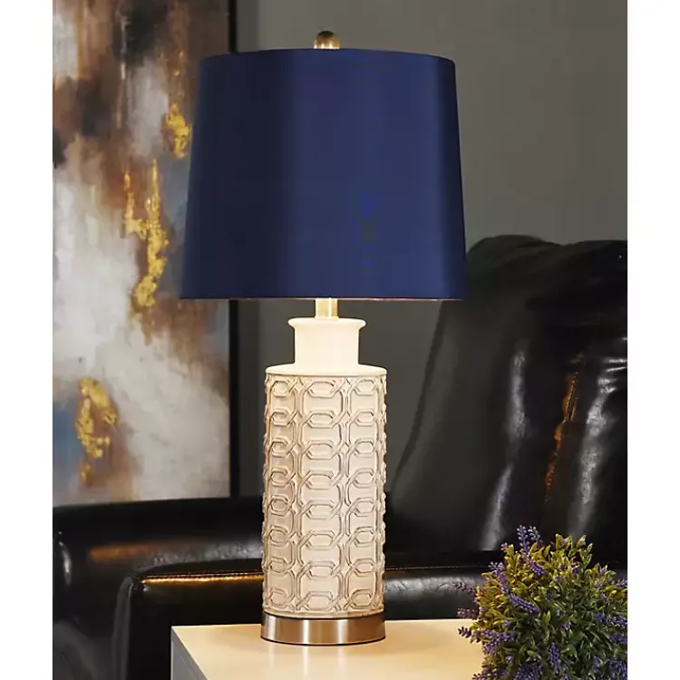 Table Lamps-Kirklands Home White Ceramic Geometric Table Lamp with Shade Blue