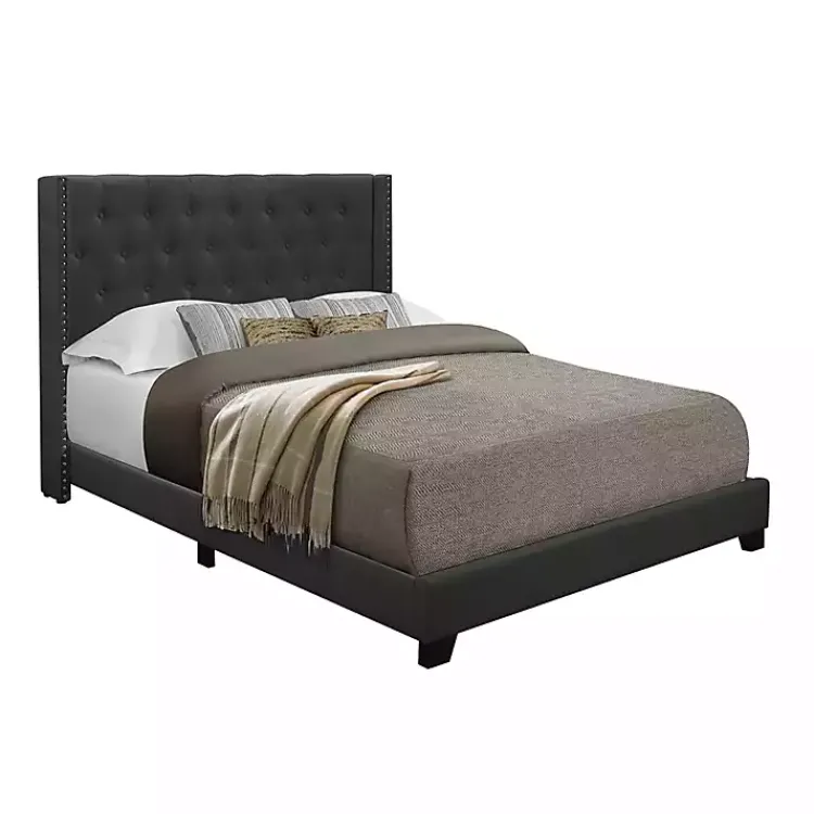 Beds & Headboards-Kirklands Home Dark Upholstered Button Tufted Wing Queen Bed Gray