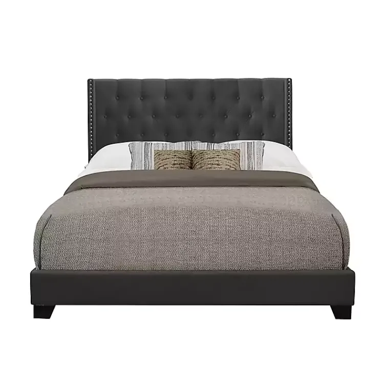 Beds & Headboards-Kirklands Home Dark Upholstered Button Tufted Wing Queen Bed Gray