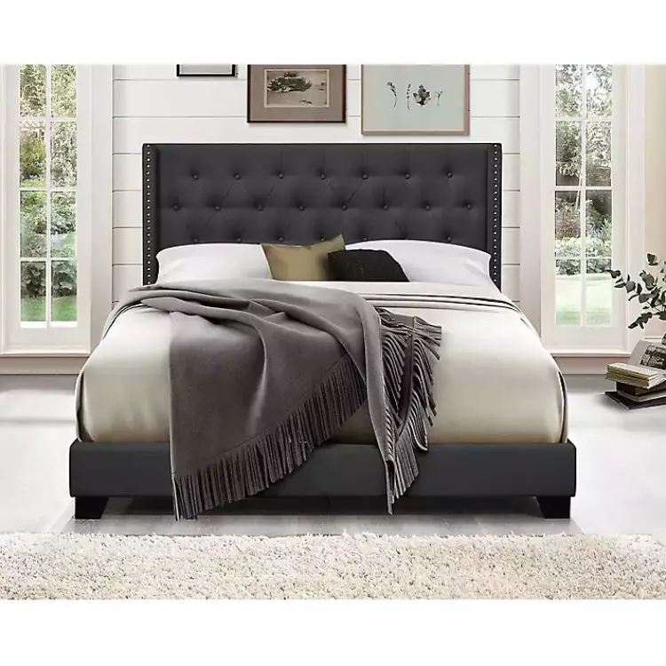 Beds & Headboards-Kirklands Home Dark Upholstered Button Tufted Wing Queen Bed Gray