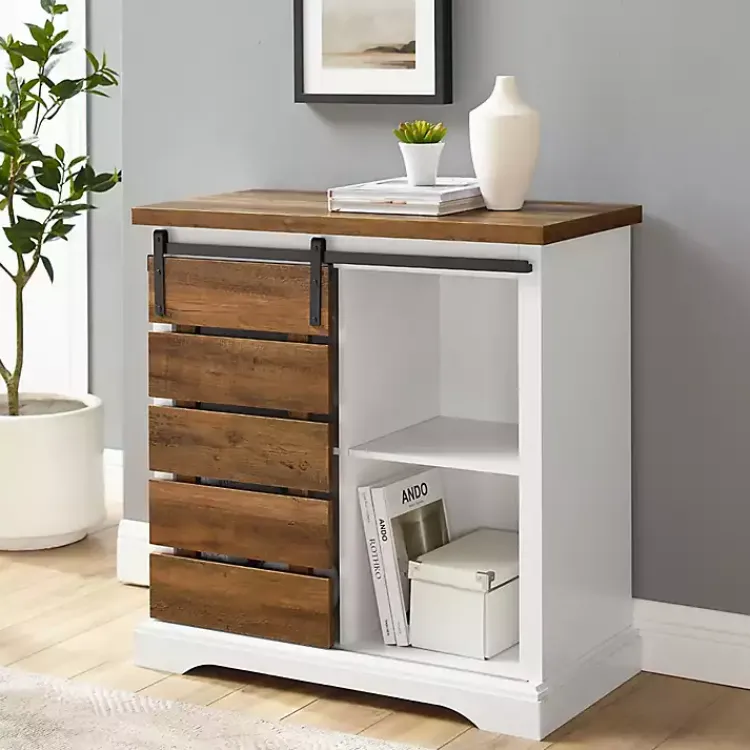 Cabinets & Sideboards-Kirklands Home Slatted Sliding Barn Door White and Oak Cabinet Brown