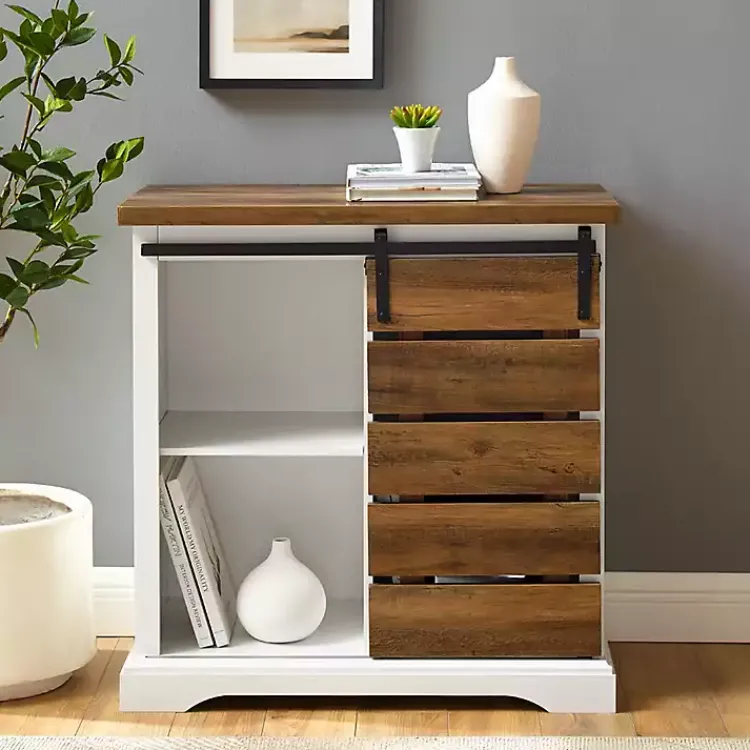 Cabinets & Sideboards-Kirklands Home Slatted Sliding Barn Door White and Oak Cabinet Brown