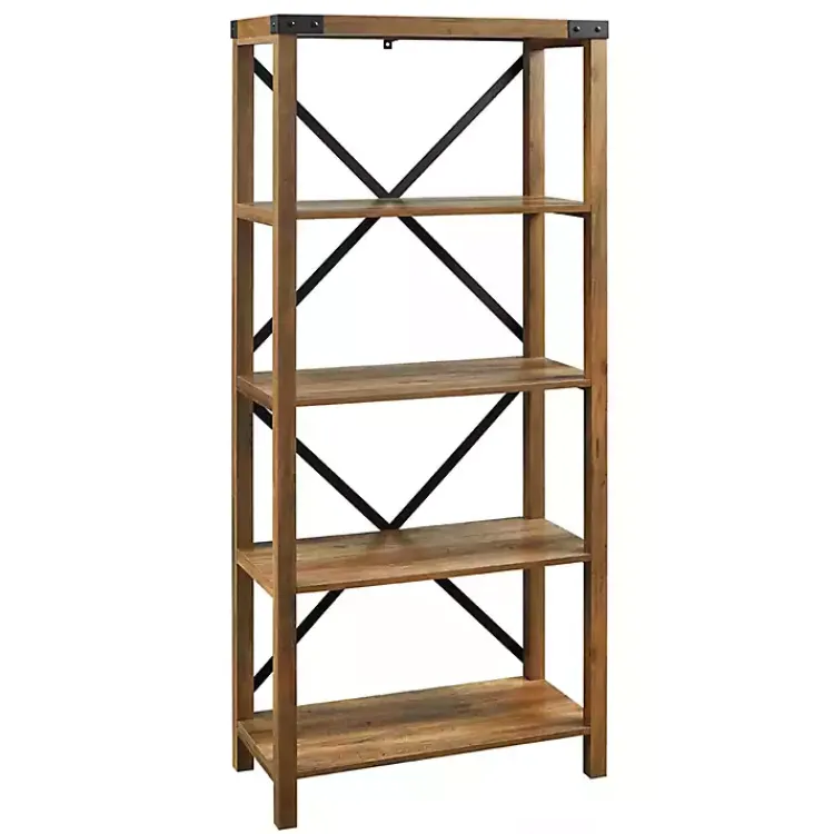 Office Furniture-Kirklands Home Rustic Oak Metal X Frame Back Bookshelf Brown