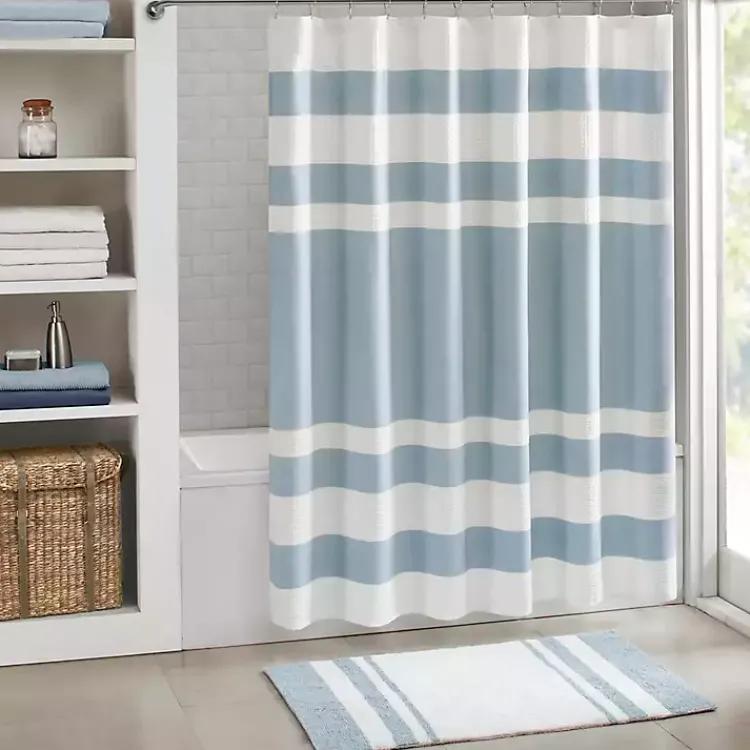 Shower Curtains-Kirklands Home Stripe Waffle Weave Shower Curtain Blue