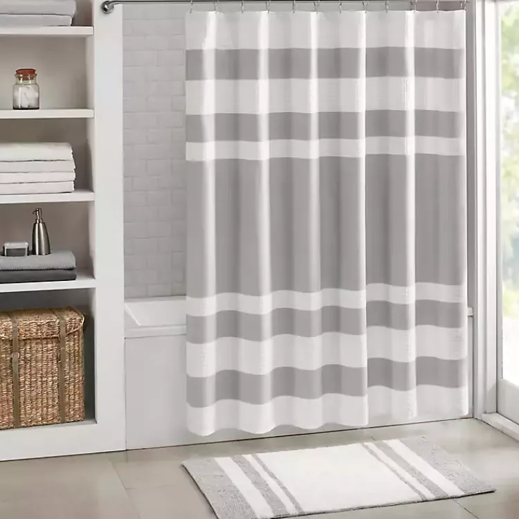 Shower Curtains-Kirklands Home Stripe Waffle Weave Shower Curtain Gray