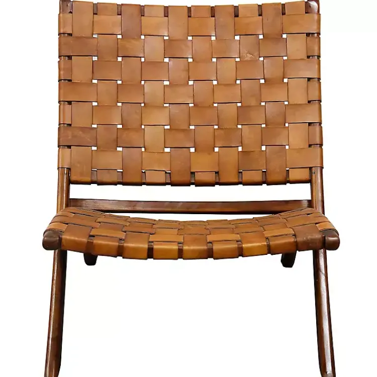 Accent Chairs-Kirklands Home Solid Teak and Genuine Leather Lounge Chair Brown