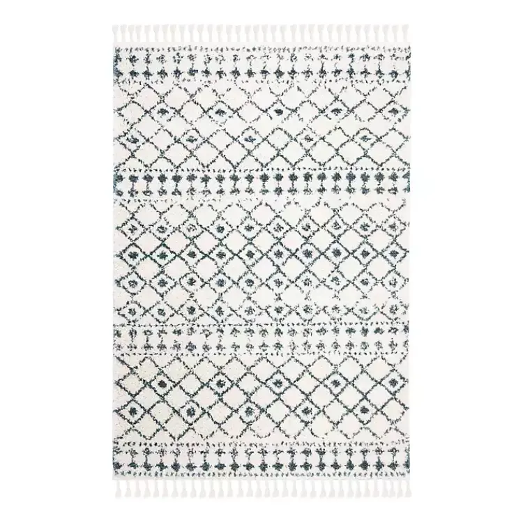 Area Rugs-Kirklands Home Cream and Blue Bergen Weathered Fringe Rug, 5x7