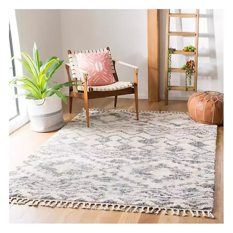 Area Rugs-Kirklands Home Cream and Navy Moroccan Fringe Shag Rug, 5x7