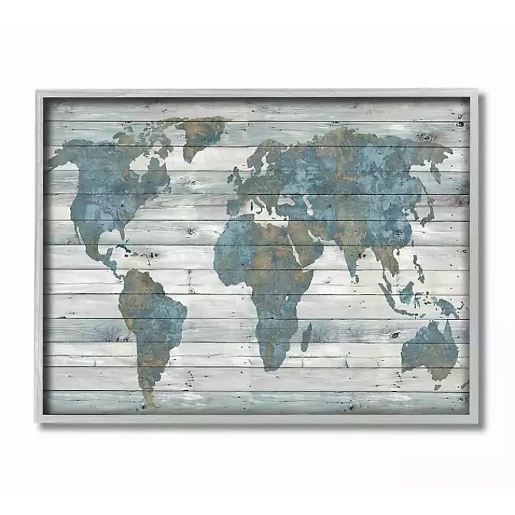 Framed Art-Kirklands Home and Tan Rustic Plank World Map Framed Art Blue