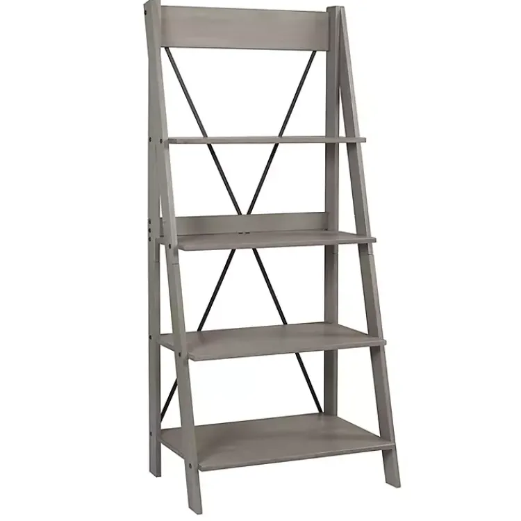 Bookshelves-Kirklands Home Gray Solid Wood Ladder Bookshelf