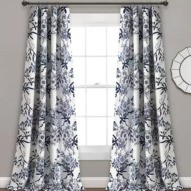 Curtains & Drapes-Kirklands Home Navy Botanical Garden Curtain Panel Set, 95 in. Blue