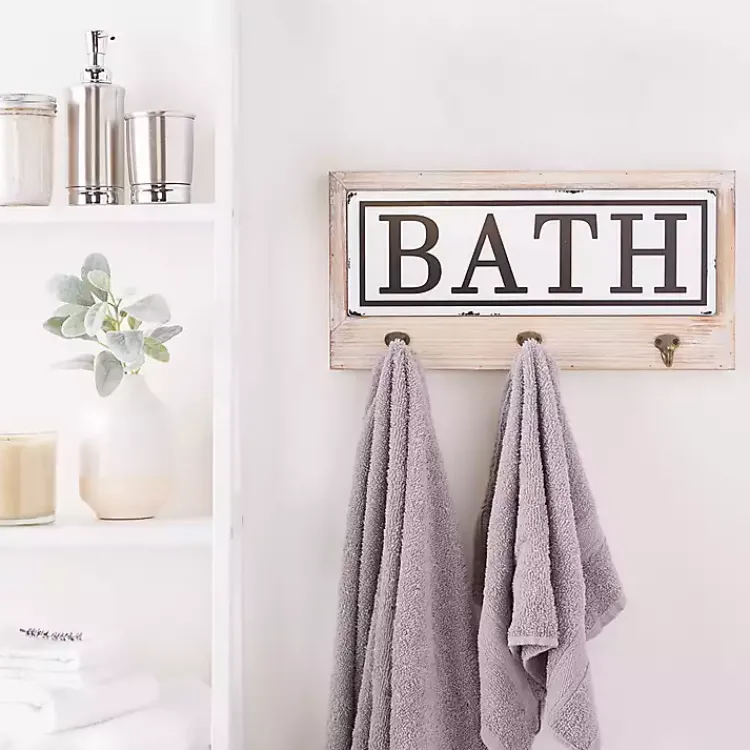 Hooks-Kirklands Home Metal and Wood Bath Sign with Hooks