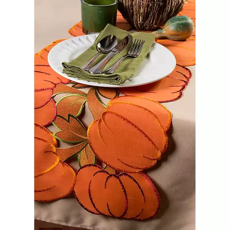 Table Linens-Kirklands Home Embroidered Pumpkin Table Runner Orange
