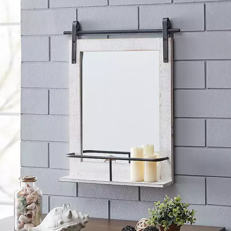 Decorative Mirrors-Kirklands Home Barn Door Mirror with Shelf White
