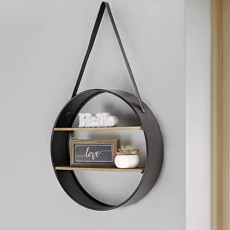 Shelves-Kirklands Home Metal Circle Wall Shelf with Leather Strap