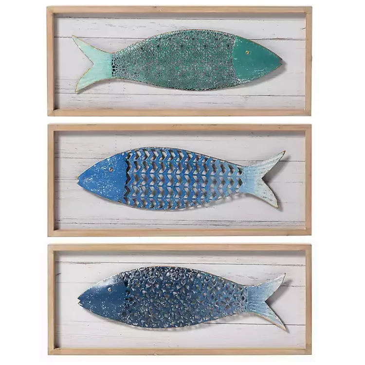 Wall Plaques-Kirklands Home School of Fish Wooden and Metal Plaques, Set of 3 Blue