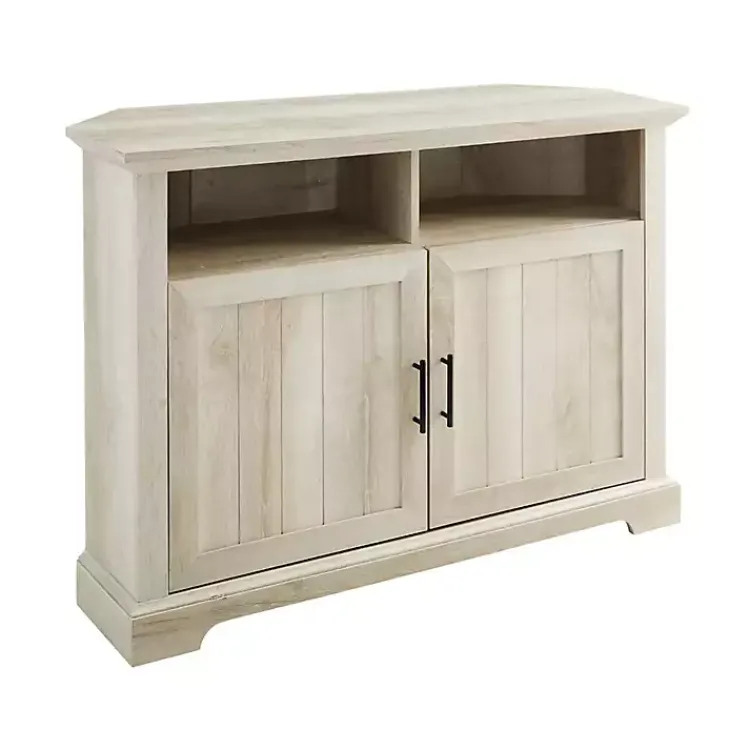 Tv Stands & Media Consoles-Kirklands Home White Oak Grooved Door Corner TV Stand Ivory