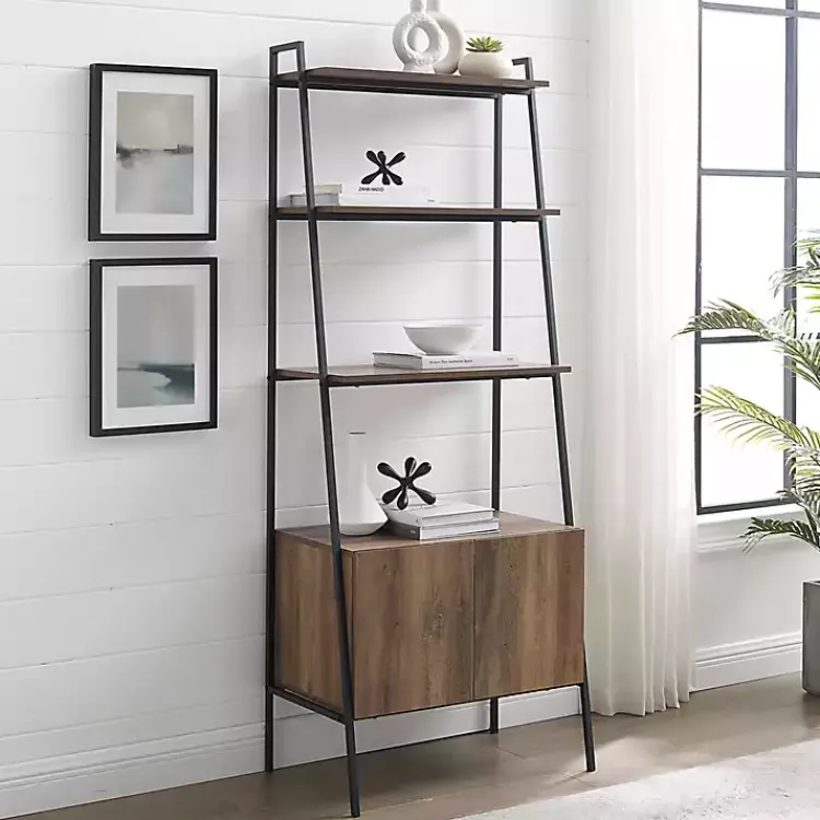Bookshelves-Kirklands Home Reclaimed Wood Modern Ladder Bookcase with Cabinet