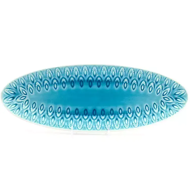 Serving & Entertaining-Kirklands Home Turquoise Peacock Reactive Print Oval Platter