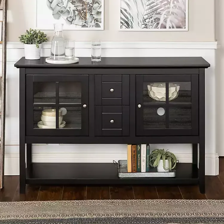 Cabinets & Sideboards-Kirklands Home Wood and Glass Buffet Cabinet Black