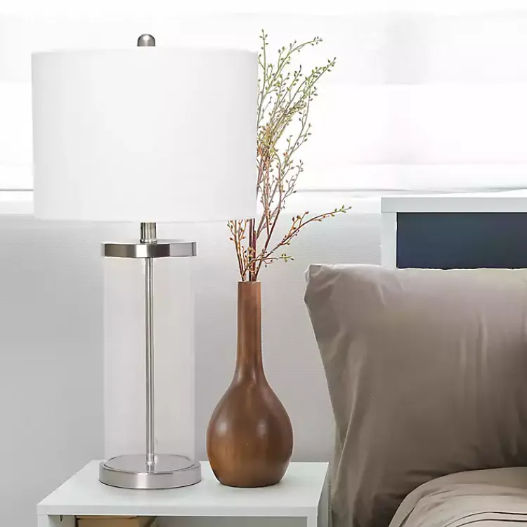 Table Lamps-Kirklands Home Clear Glass and Nickel Cylindrical Table Lamp White