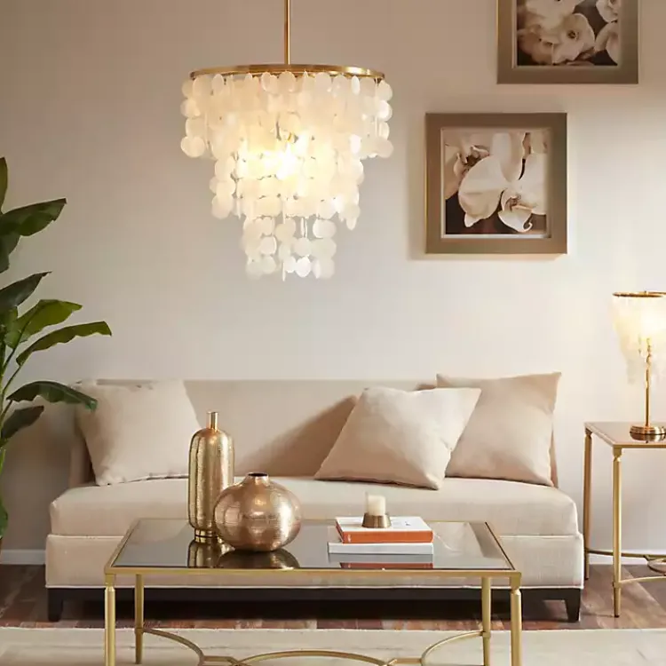 Chandeliers & Pendant Lighting-Kirklands Home Shell and Gold Metal Layered Chandelier White