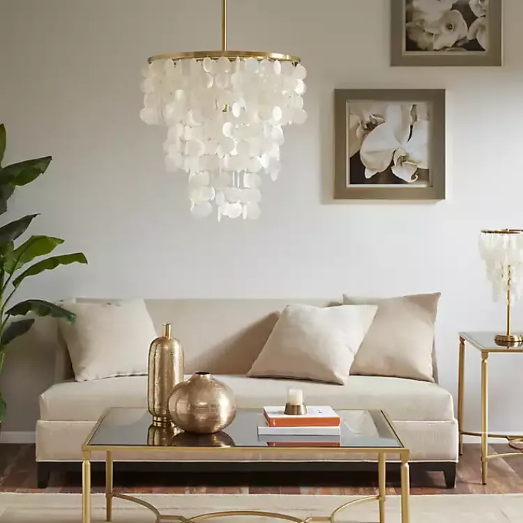 Chandeliers & Pendant Lighting-Kirklands Home Shell and Gold Metal Layered Chandelier White