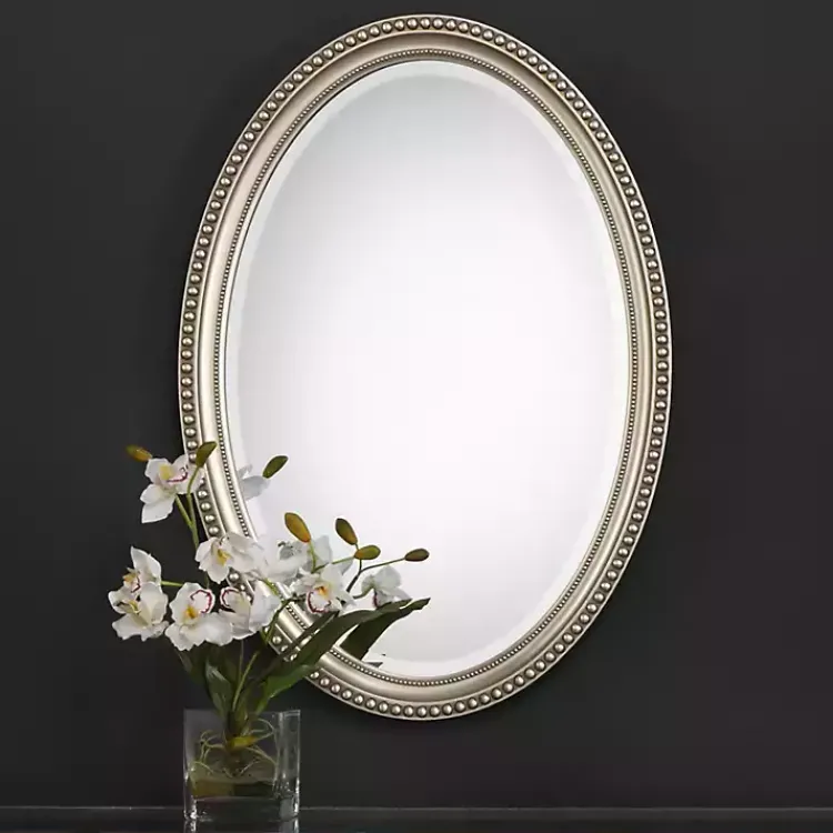 Decorative Mirrors-Kirklands Home Metallic Silver Beaded Edge Oval Mirror