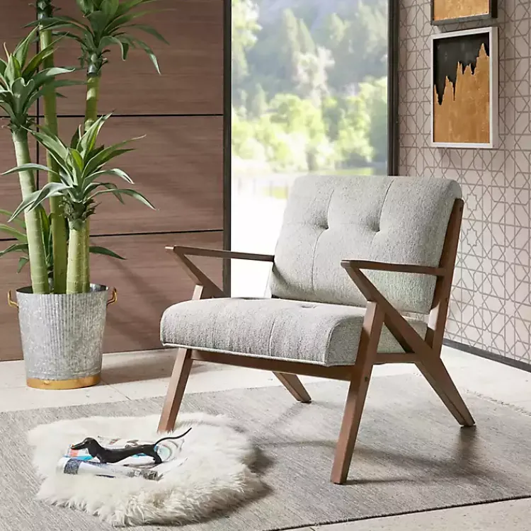 Accent Chairs-Kirklands Home Tufted Pecan Wood Mid-Century Modern Armchair Gray