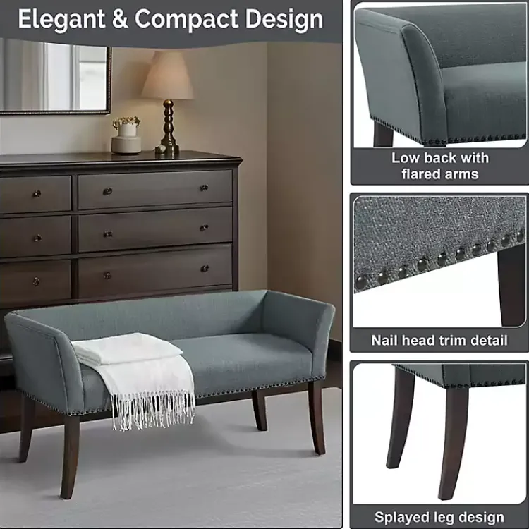 Benches & Ottomans-Kirklands Home Low Back Flared Nailhead Trim Bench Blue
