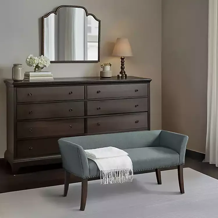 Benches & Ottomans-Kirklands Home Low Back Flared Nailhead Trim Bench Blue