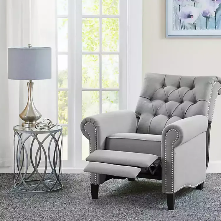 Accent Chairs-Kirklands Home Tufted Back Nailhead Trim Recliner Armchair Gray